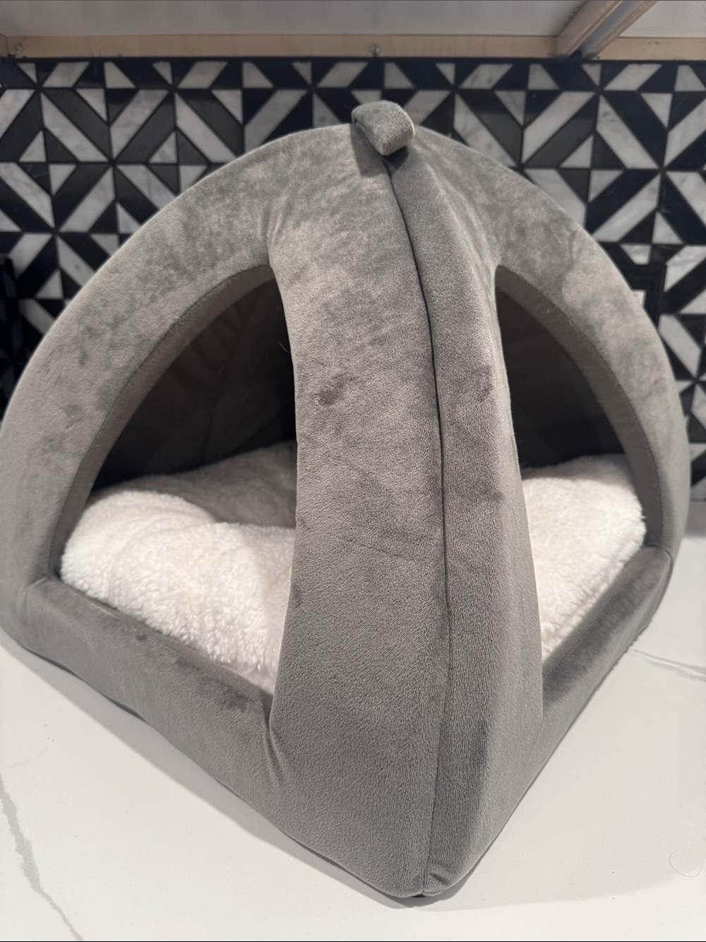 Cat Bed Gray Plush Open Sided
